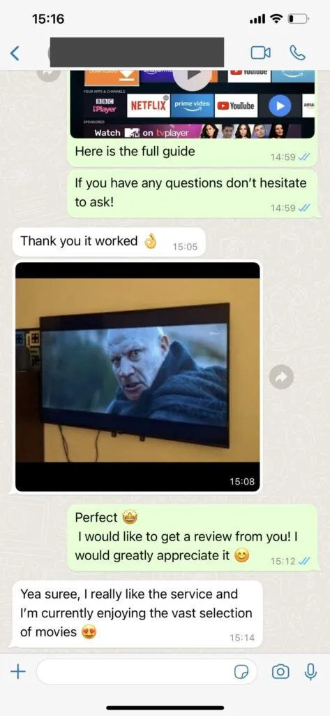WhatsApp konversation om IPTV support 1