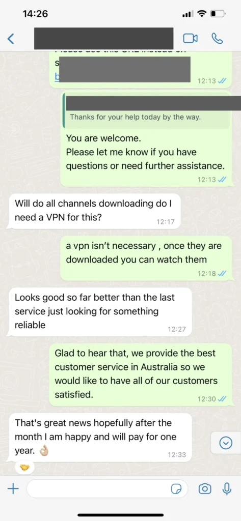 WhatsApp konversation om IPTV support 3